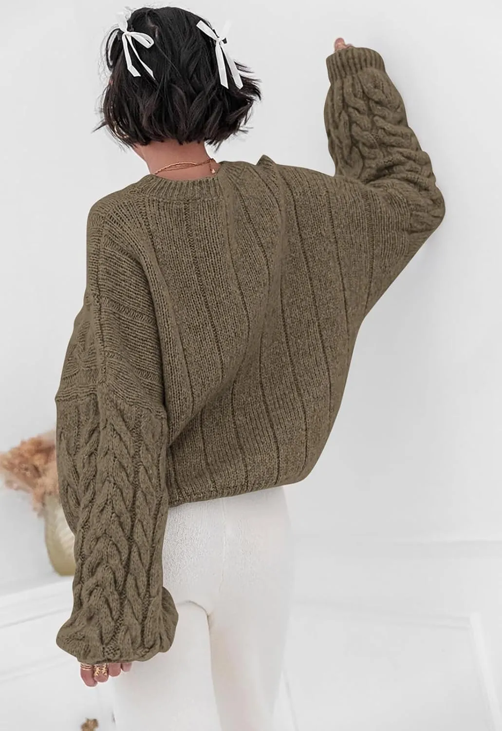 PRETTYGARDEN Womens Sweaters Spring 2025 Cable Knit Long Sleeve Crewneck Oversized Sweater Chunky Pullover Loose Outfits
