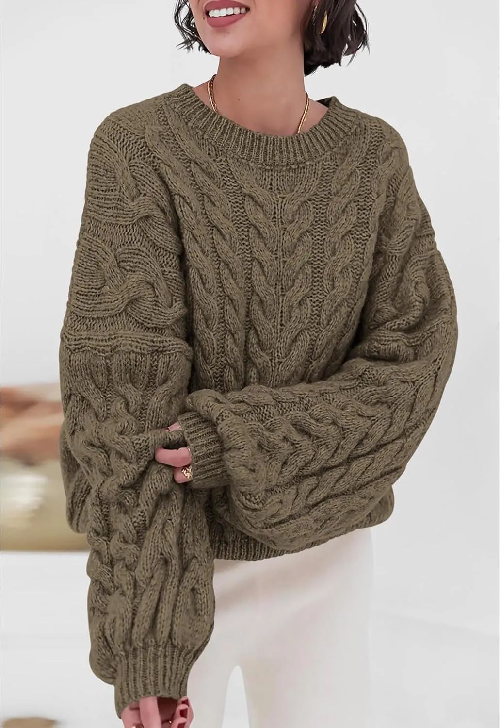 PRETTYGARDEN Womens Sweaters Spring 2025 Cable Knit Long Sleeve Crewneck Oversized Sweater Chunky Pullover Loose Outfits