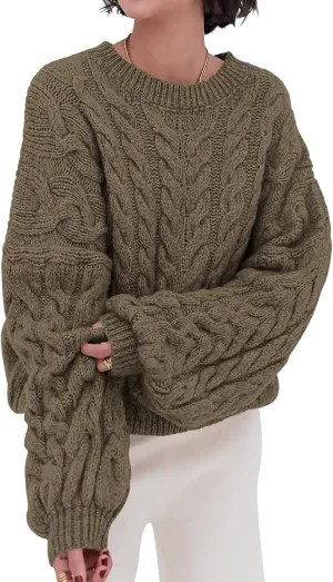 PRETTYGARDEN Womens Sweaters Spring 2025 Cable Knit Long Sleeve Crewneck Oversized Sweater Chunky Pullover Loose Outfits