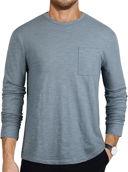 PrettyGuide Men's Cotton Long Sleeve Shirts Undershirt Lightweight Casual Crewneck Pocket T-Shirt