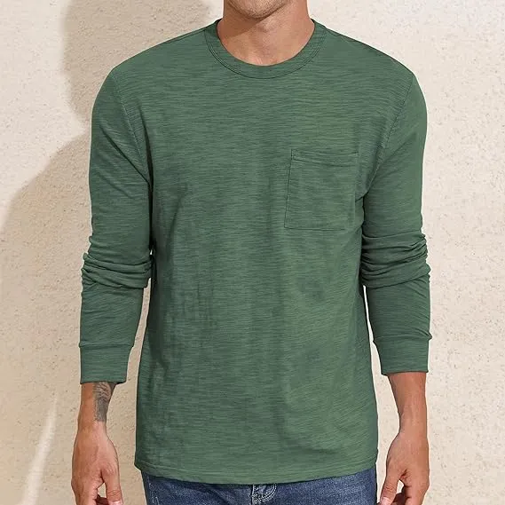 PrettyGuide Men's Cotton Long Sleeve Shirts Undershirt Lightweight Casual Crewneck Pocket T-Shirt