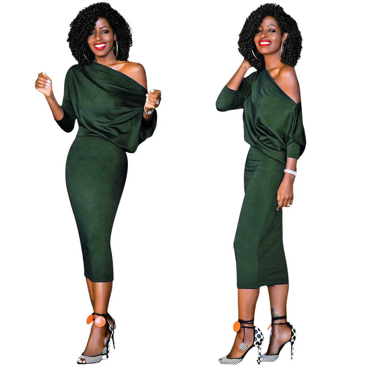 Pure Color Long Sleeves One Shoulder Knee-length Dress