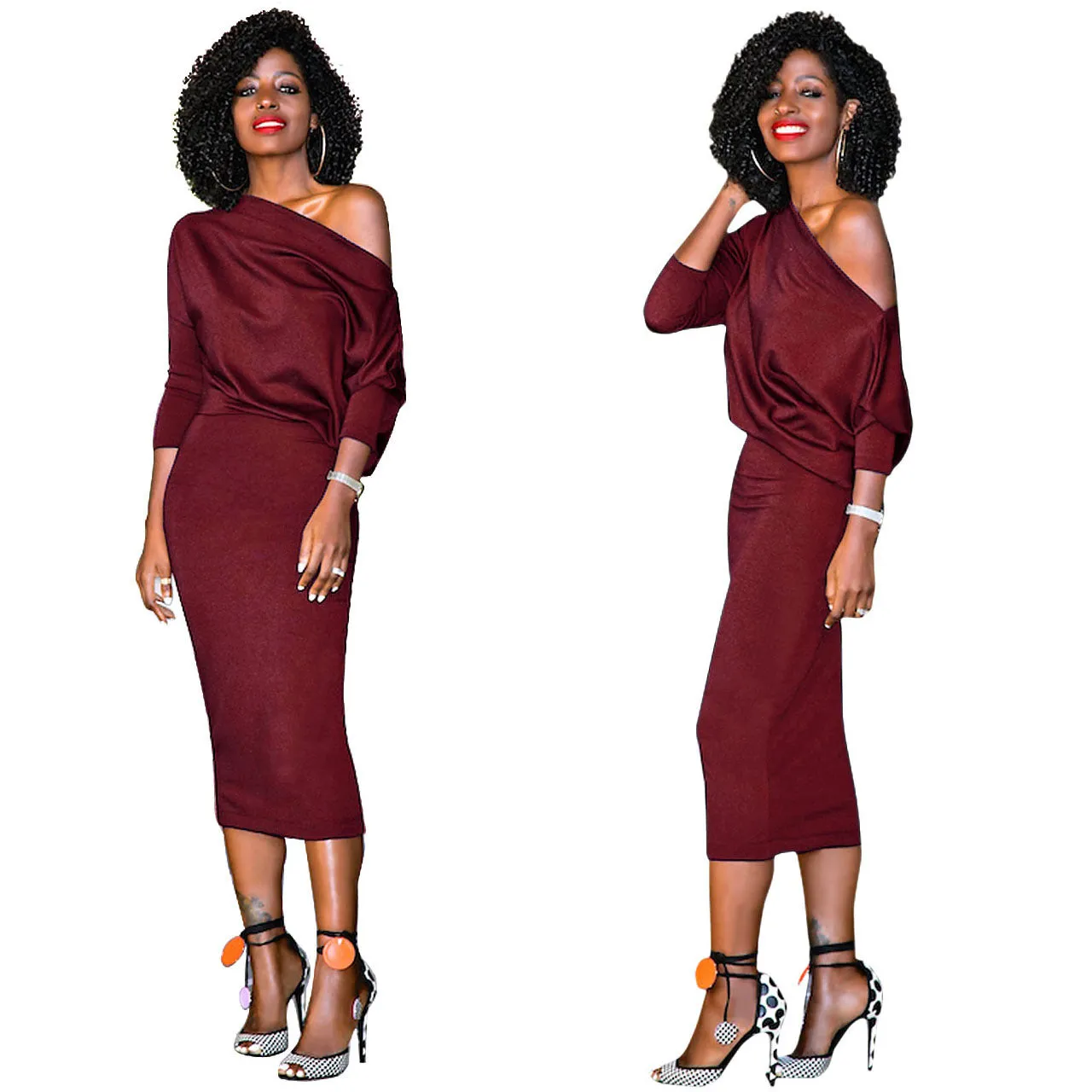 Pure Color Long Sleeves One Shoulder Knee-length Dress
