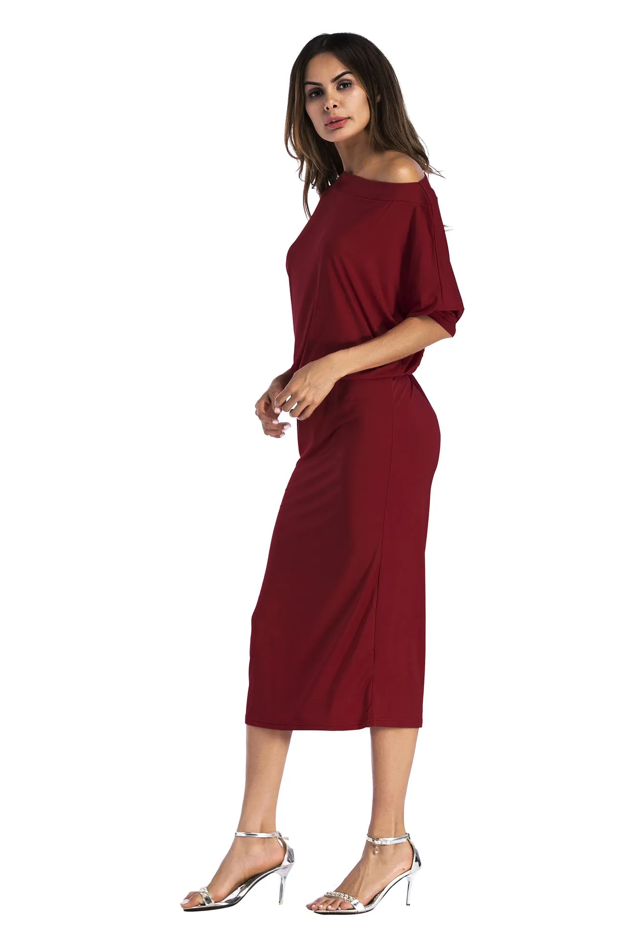 Pure Color Long Sleeves One Shoulder Knee-length Dress