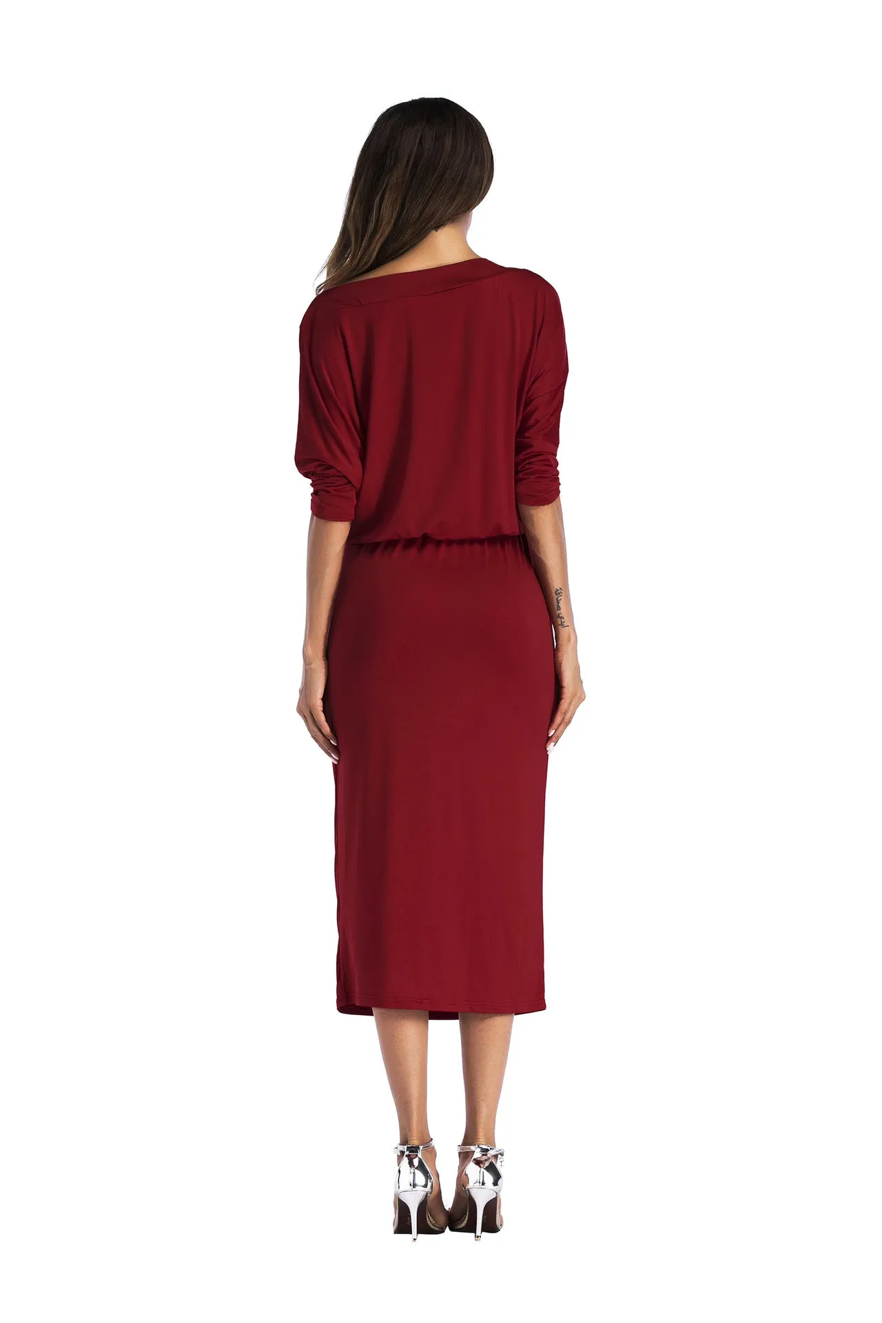 Pure Color Long Sleeves One Shoulder Knee-length Dress