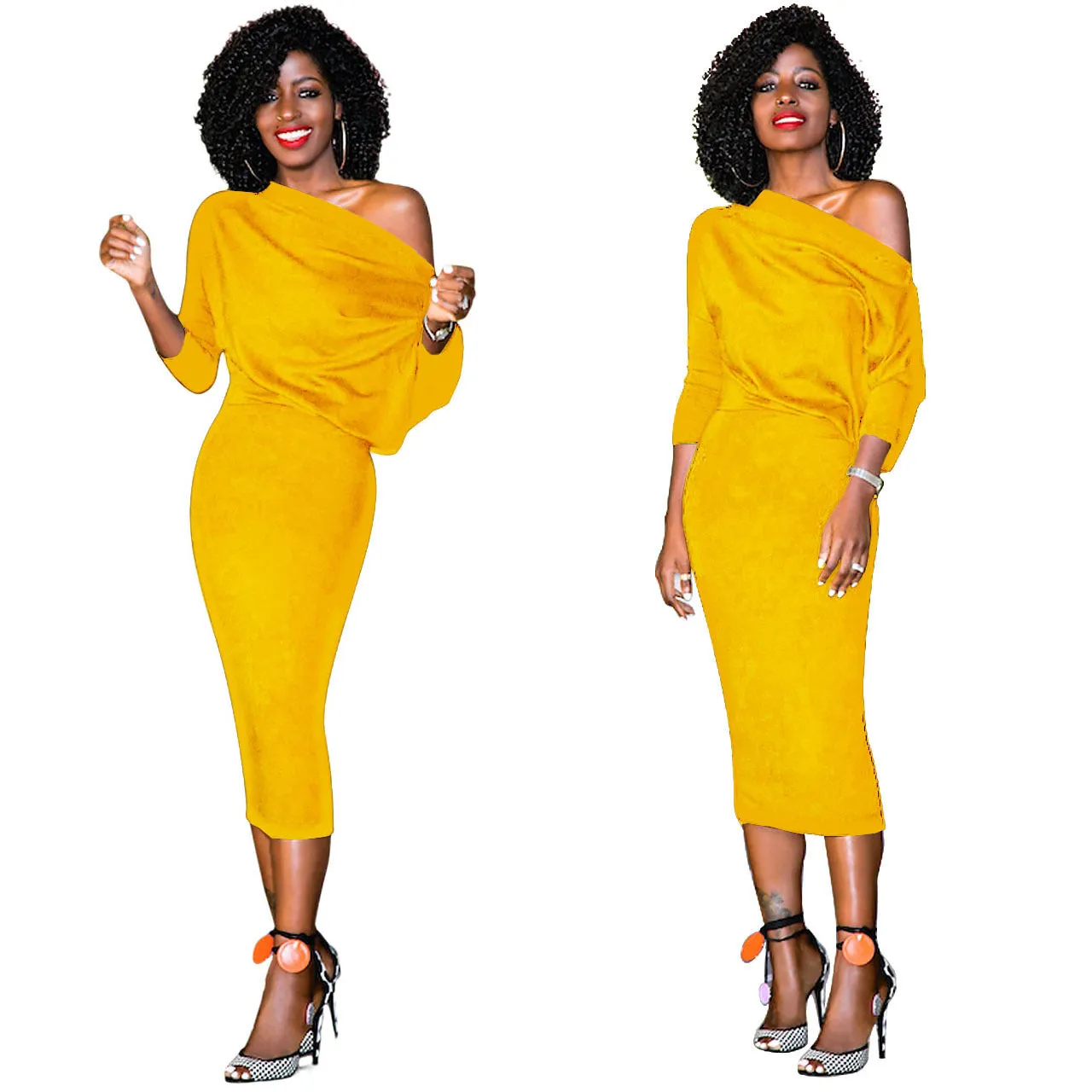 Pure Color Long Sleeves One Shoulder Knee-length Dress