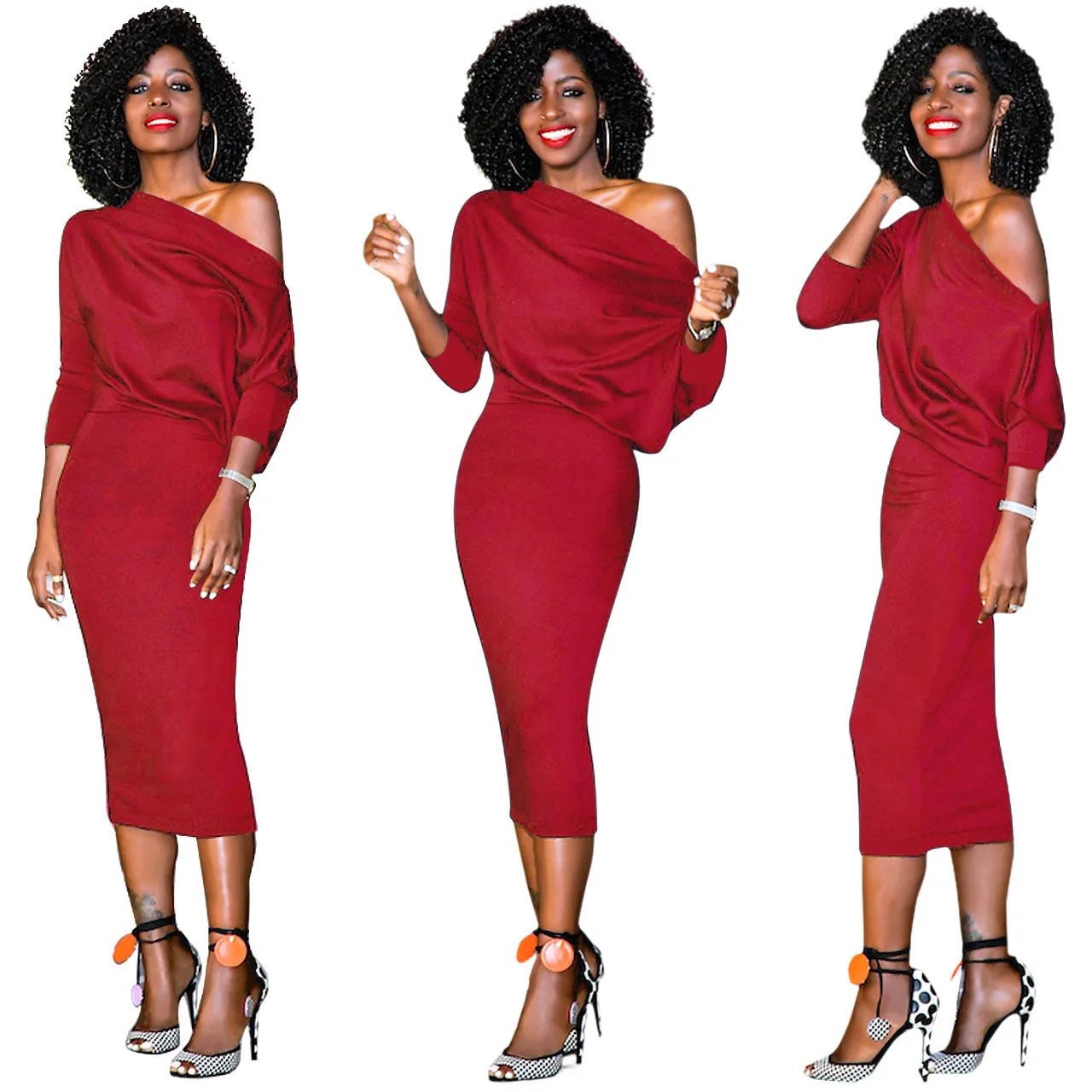 Pure Color Long Sleeves One Shoulder Knee-length Dress