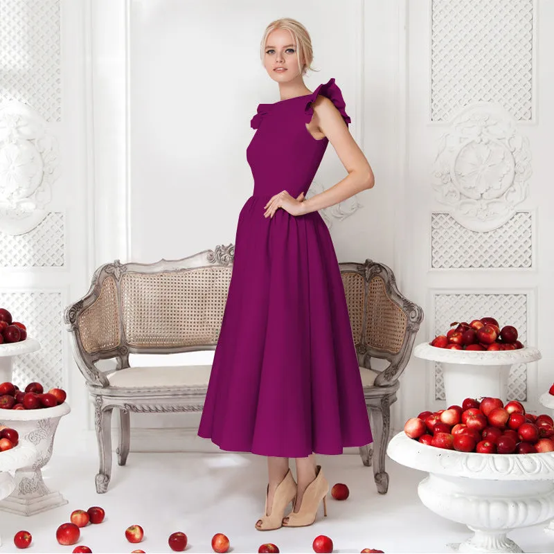 Pure Color Sleeveless Scoop Tea-length Party Dress