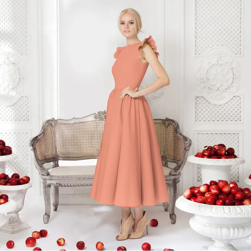 Pure Color Sleeveless Scoop Tea-length Party Dress
