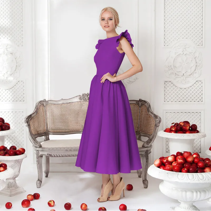 Pure Color Sleeveless Scoop Tea-length Party Dress