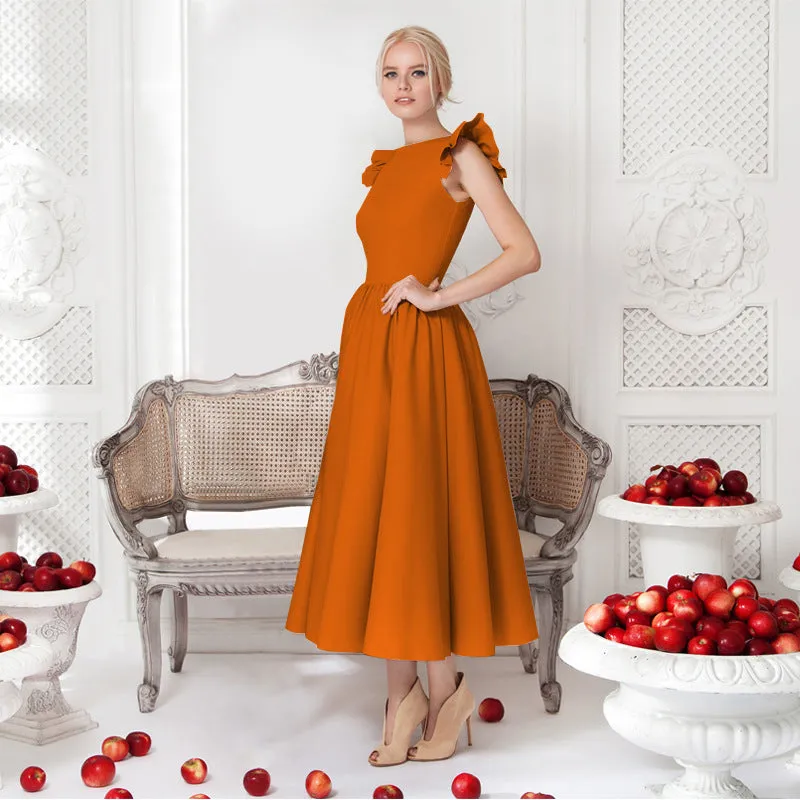 Pure Color Sleeveless Scoop Tea-length Party Dress