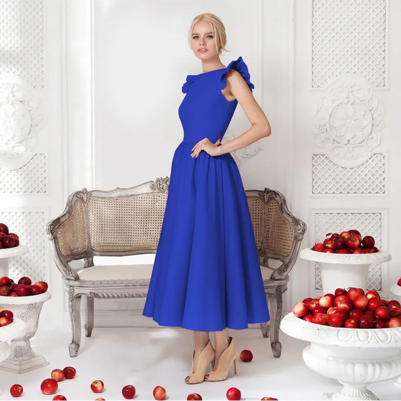 Pure Color Sleeveless Scoop Tea-length Party Dress