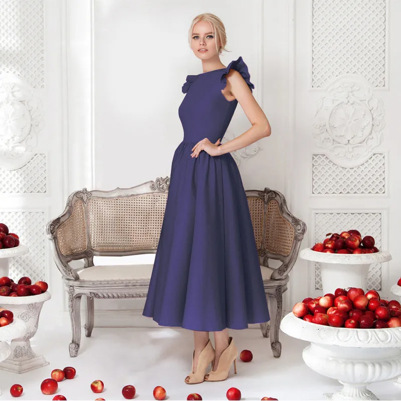 Pure Color Sleeveless Scoop Tea-length Party Dress