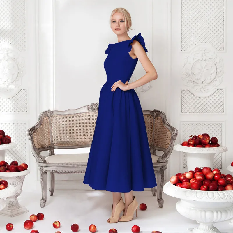Pure Color Sleeveless Scoop Tea-length Party Dress