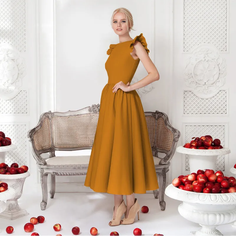 Pure Color Sleeveless Scoop Tea-length Party Dress