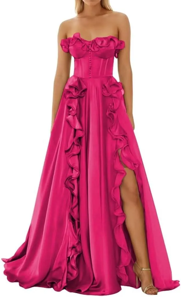 Ruffle Chiffon Prom Dresses High Split Sleeveless A Line Formal Evening Party Gowns Long