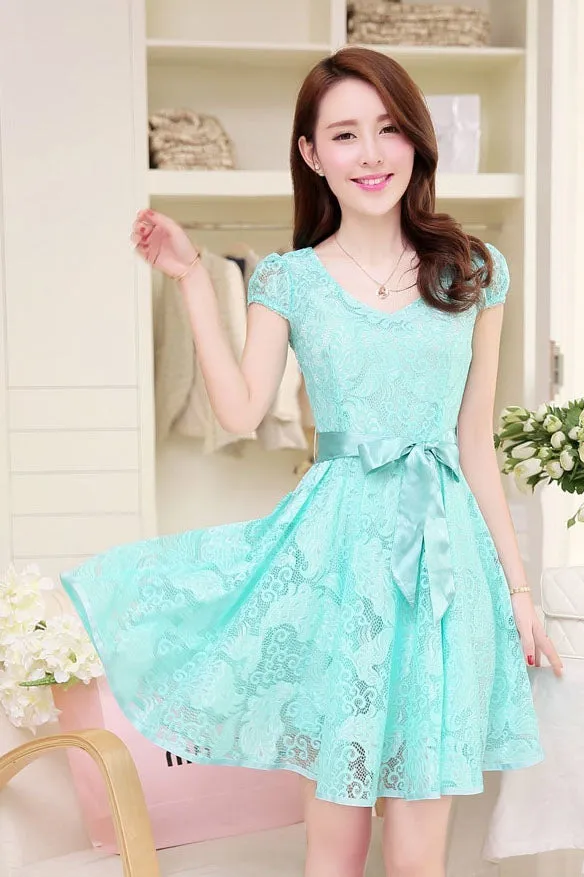 Short Sleeves Straps Belt Pure Color Short Dress