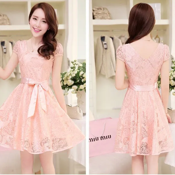 Short Sleeves Straps Belt Pure Color Short Dress