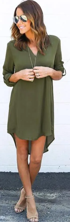 Simple Fashion Chiffon V Neck Dip Hem Short Dress