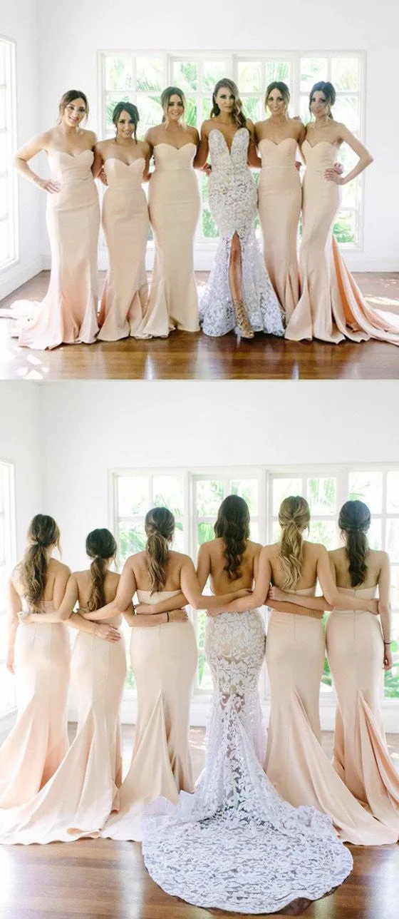 Simple Long Strapless Mermaid Fall Champagne Bridesmaid Dresses FS057
