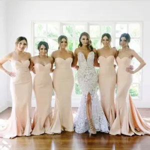 Simple Long Strapless Mermaid Fall Champagne Bridesmaid Dresses FS057