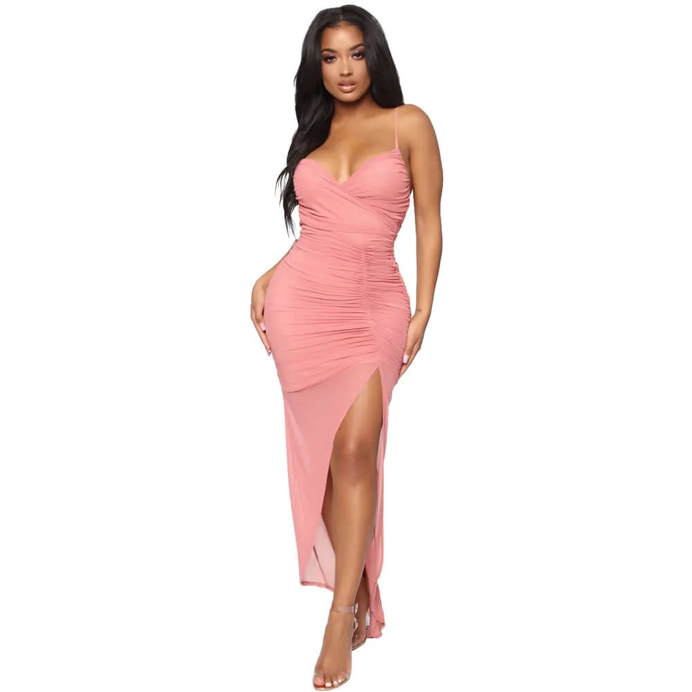 Simple Slits Ruched Sling Dress