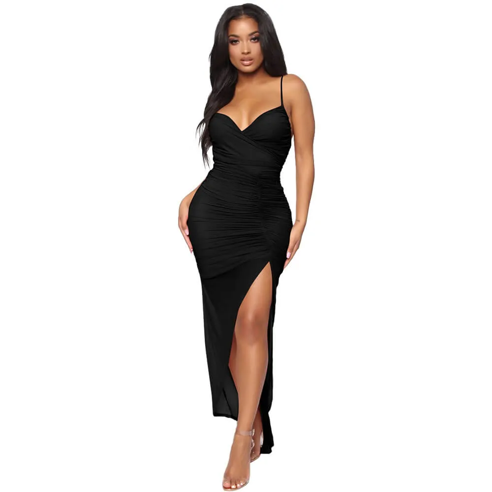 Simple Slits Ruched Sling Dress