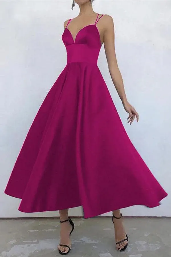 Simple V Neck Satin Tea Length Prom Dresses
