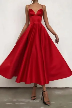 Simple V Neck Satin Tea Length Prom Dresses