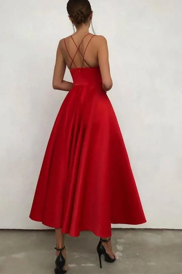 Simple V Neck Satin Tea Length Prom Dresses
