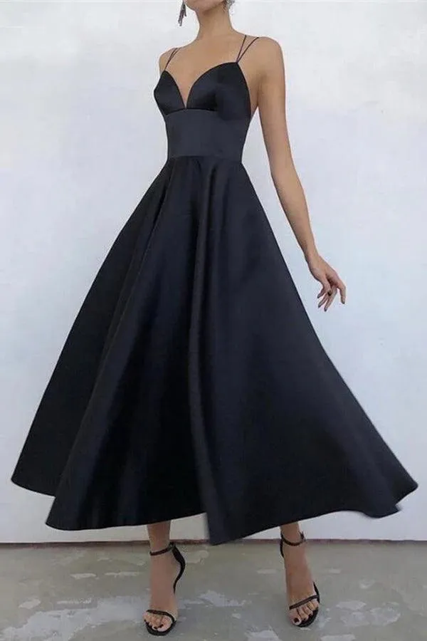 Simple V Neck Satin Tea Length Prom Dresses