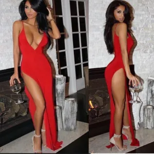 Spaghetti Strap Deep V-neck Sleeveless Solid Split Long Dress