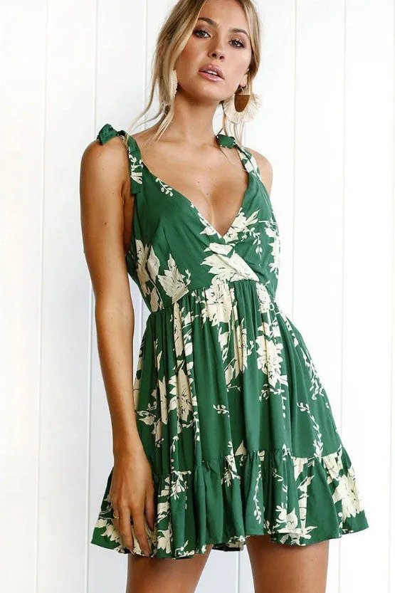 Spaghetti Straps V neck Backless Print Short Dress