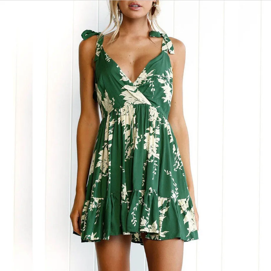Spaghetti Straps V neck Backless Print Short Dress