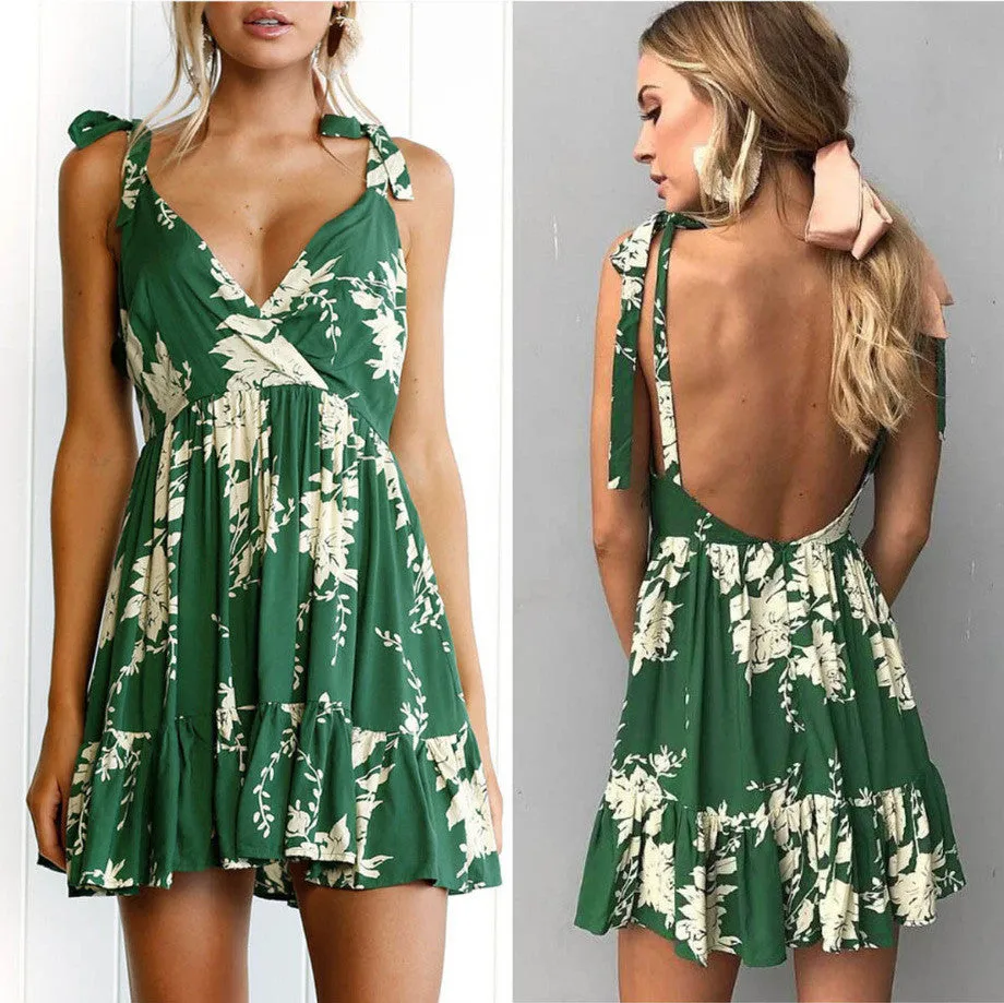 Spaghetti Straps V neck Backless Print Short Dress