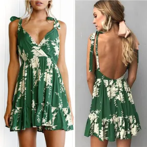 Spaghetti Straps V neck Backless Print Short Dress