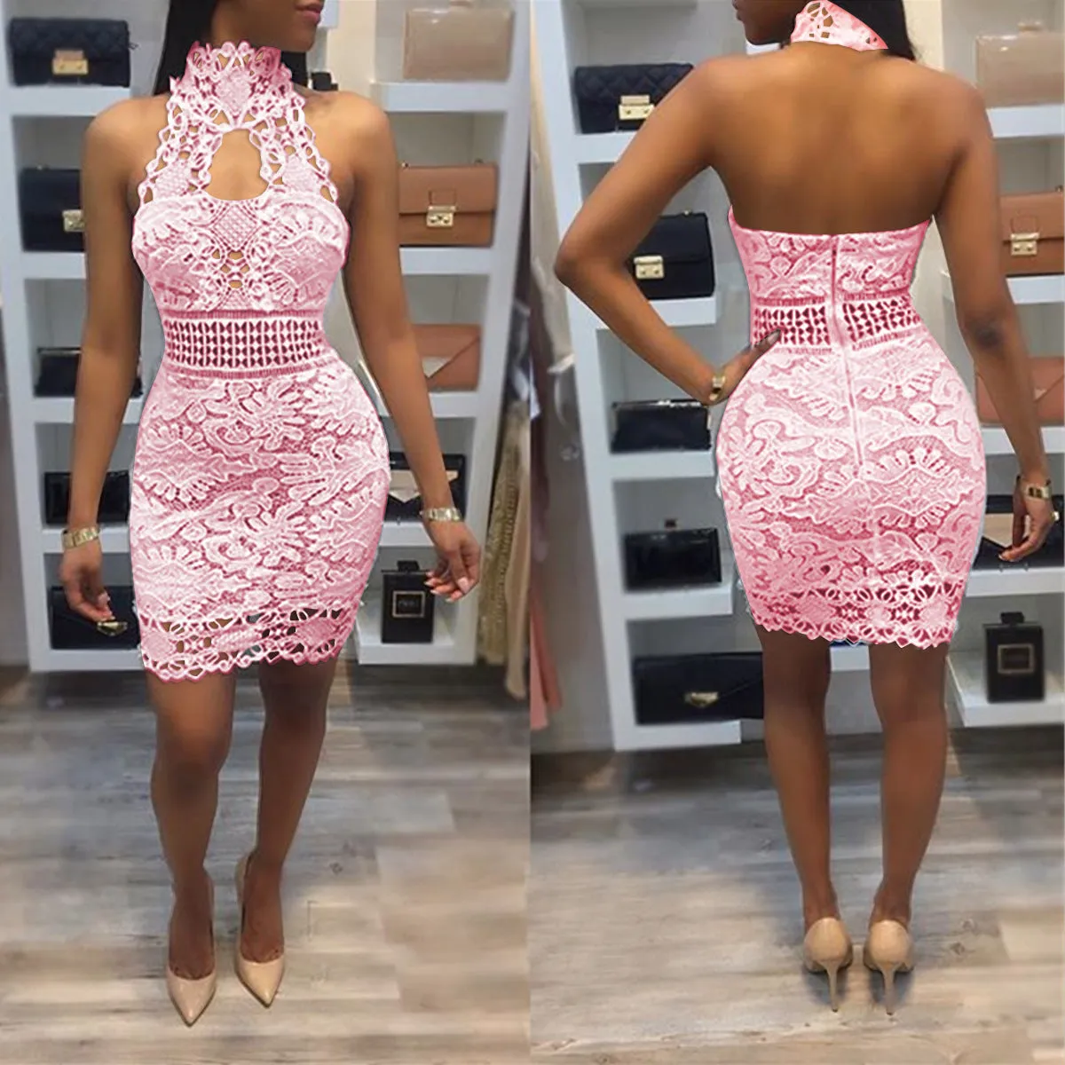 Stand Collar Halter Backless Short Lace Dress