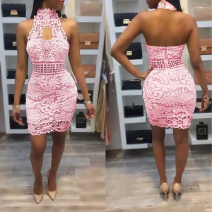 Stand Collar Halter Backless Short Lace Dress