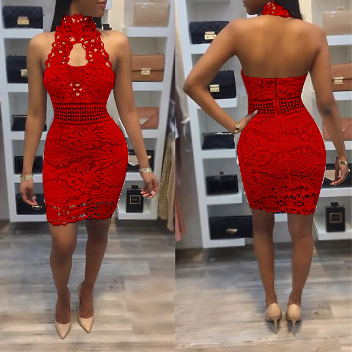 Stand Collar Halter Backless Short Lace Dress
