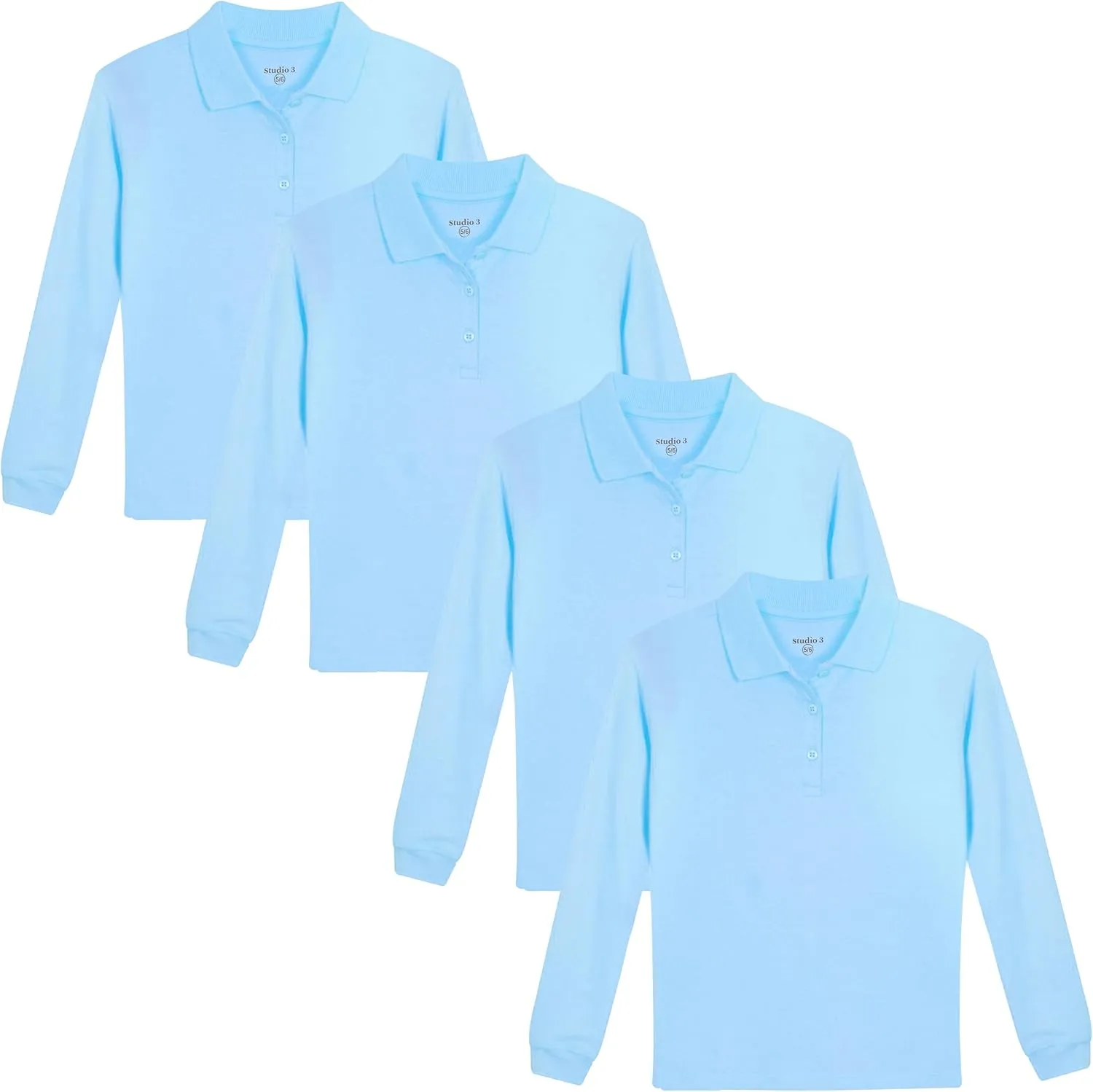 Studio 3 Girls' 4-Pack Soft Jersey Long Sleeve Polo Shirts