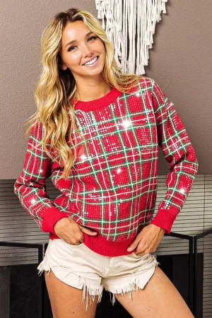The St. Nick Sequin Sweater in Christmas Plaid