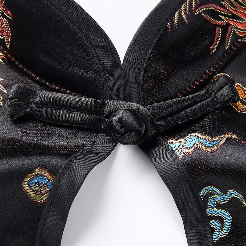 Vintage Dragon Embroidery Bralette Crop Top Women Summer 2018 Lace Up Halter Tops Sexy Backless Hollow Bandage Tank Top