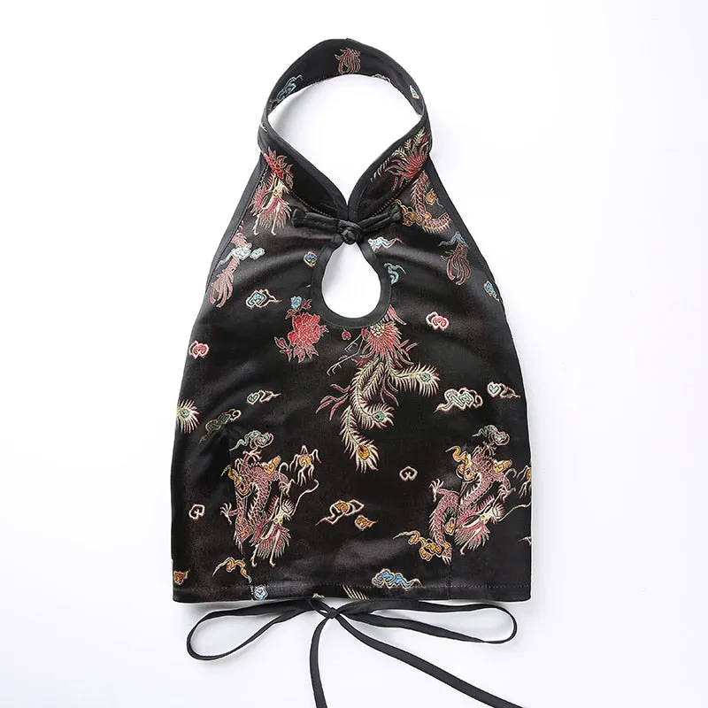 Vintage Dragon Embroidery Bralette Crop Top Women Summer 2018 Lace Up Halter Tops Sexy Backless Hollow Bandage Tank Top
