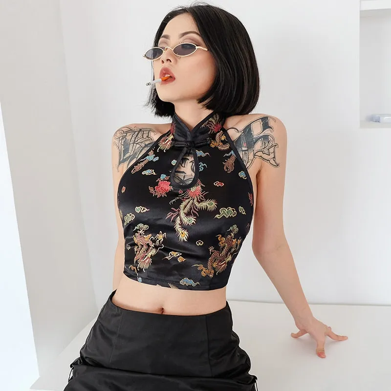 Vintage Dragon Embroidery Bralette Crop Top Women Summer 2018 Lace Up Halter Tops Sexy Backless Hollow Bandage Tank Top