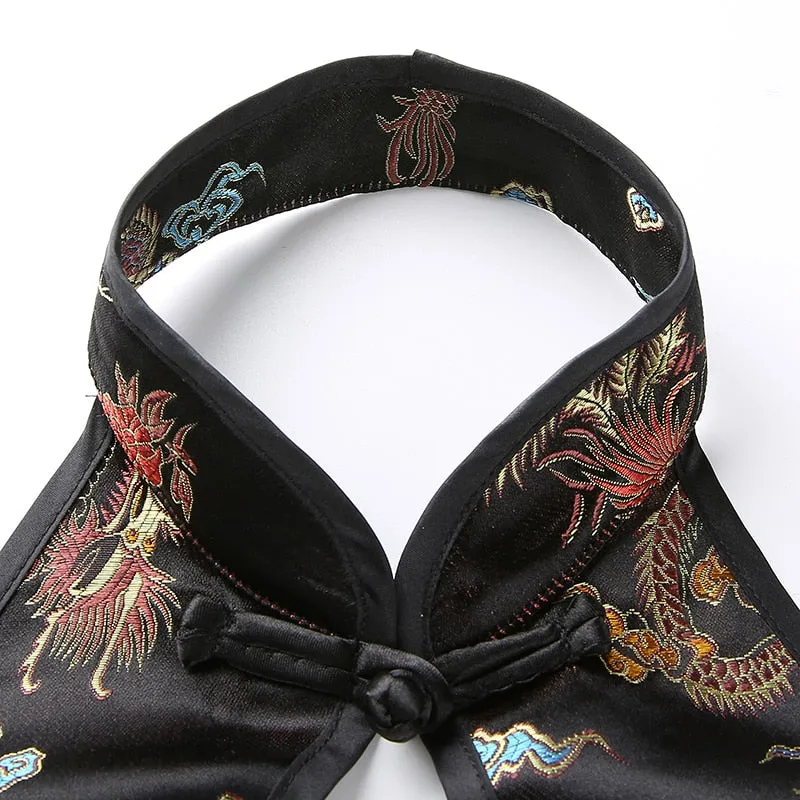 Vintage Dragon Embroidery Bralette Crop Top Women Summer 2018 Lace Up Halter Tops Sexy Backless Hollow Bandage Tank Top