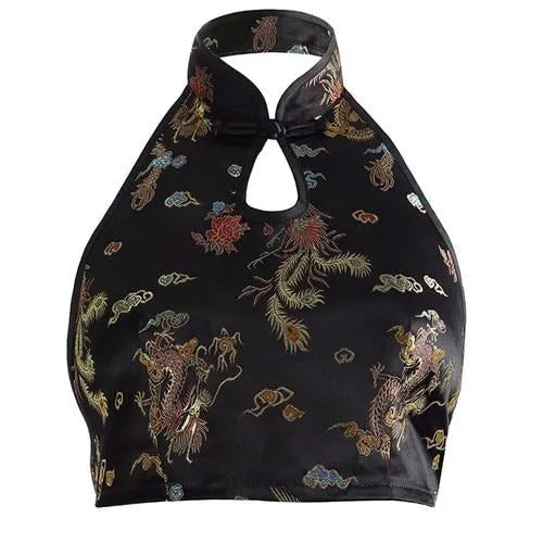 Vintage Dragon Embroidery Bralette Crop Top Women Summer 2018 Lace Up Halter Tops Sexy Backless Hollow Bandage Tank Top