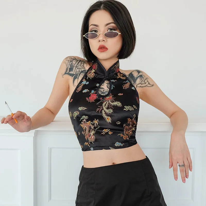 Vintage Dragon Embroidery Bralette Crop Top Women Summer 2018 Lace Up Halter Tops Sexy Backless Hollow Bandage Tank Top
