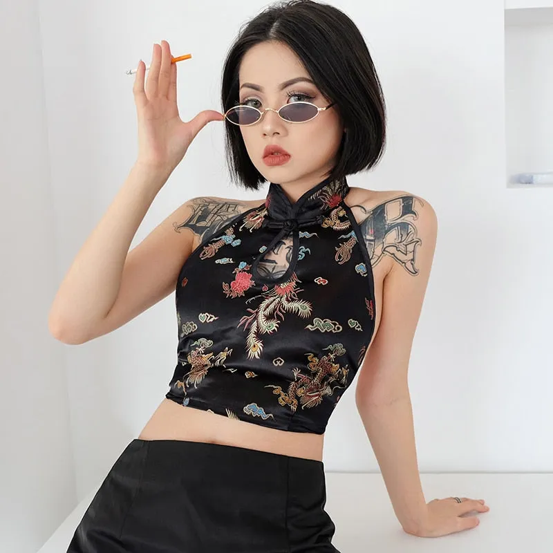 Vintage Dragon Embroidery Bralette Crop Top Women Summer 2018 Lace Up Halter Tops Sexy Backless Hollow Bandage Tank Top
