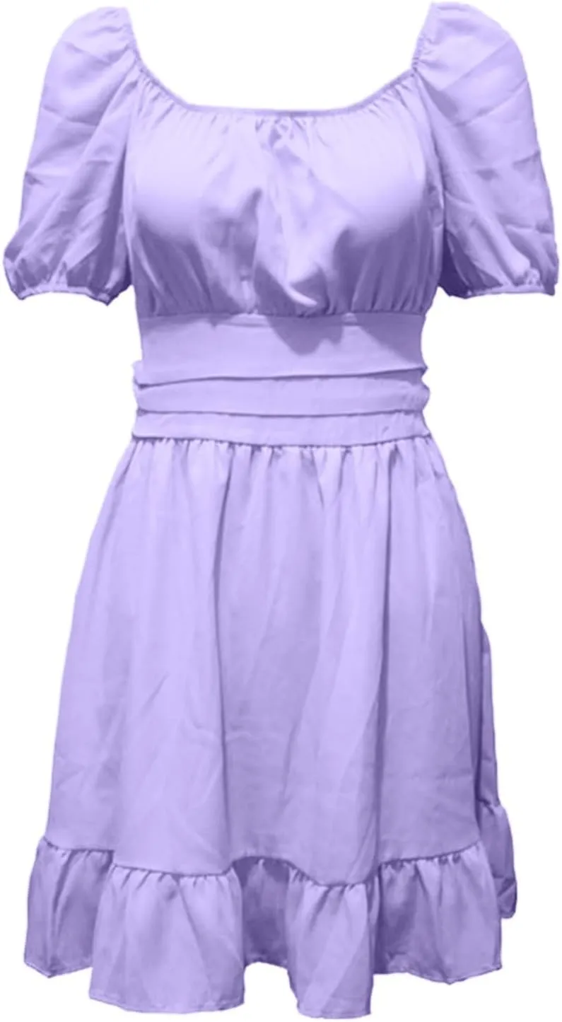 Women's 2025 Summer Dress Short Puff Sleeve Casual Short Mini Dresses Tie Back Square Neck A-Line Sundress