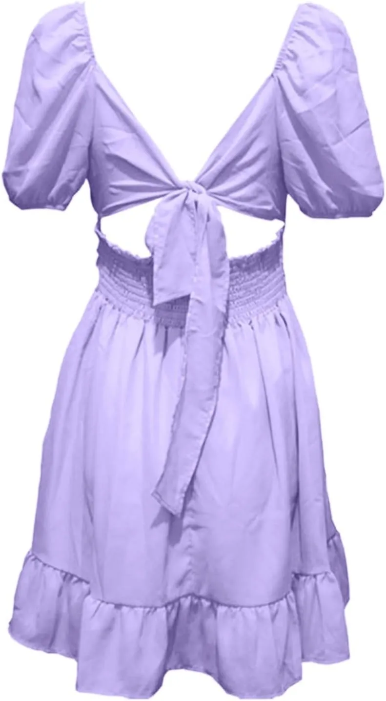 Women's 2025 Summer Dress Short Puff Sleeve Casual Short Mini Dresses Tie Back Square Neck A-Line Sundress